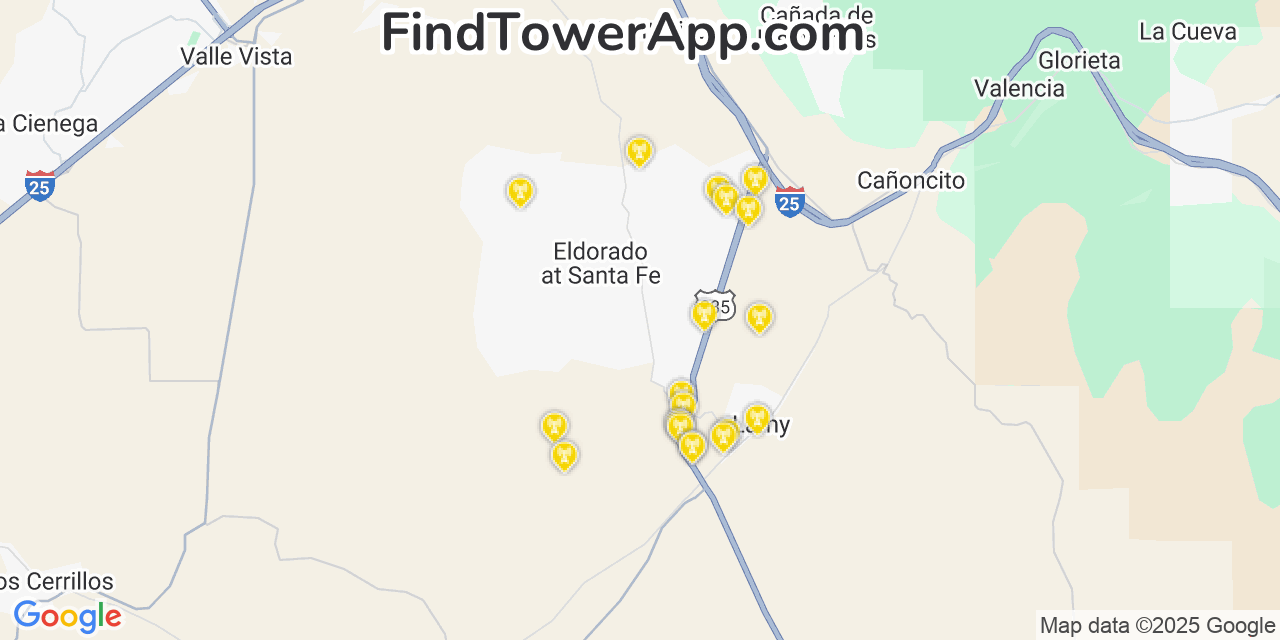 Map showing the 20 primary AT&T cell tower locations detected in Eldorado At Santa Fe, New Mexico with coverage radius and signal strength indicators