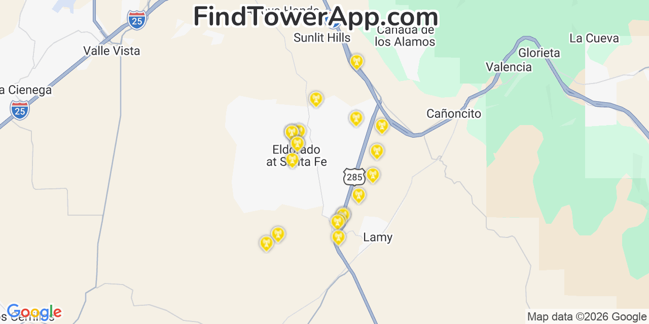 Map showing the 20 primary cell tower locations detected in Eldorado At Santa Fe, New Mexico from AT&T, Verizon, and T-Mobile networks