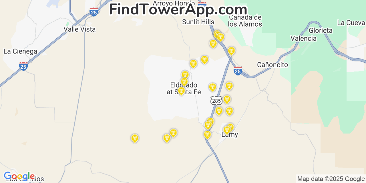 Map showing the 23 primary T-Mobile cell tower locations detected in Eldorado At Santa Fe, New Mexico with coverage radius and signal strength indicators