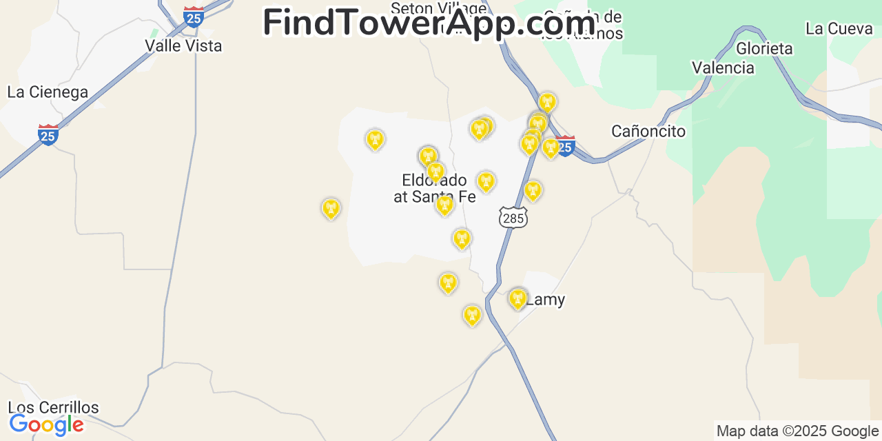 Map showing the 22 primary Verizon cell tower locations detected in Eldorado At Santa Fe, New Mexico with coverage radius and signal strength indicators