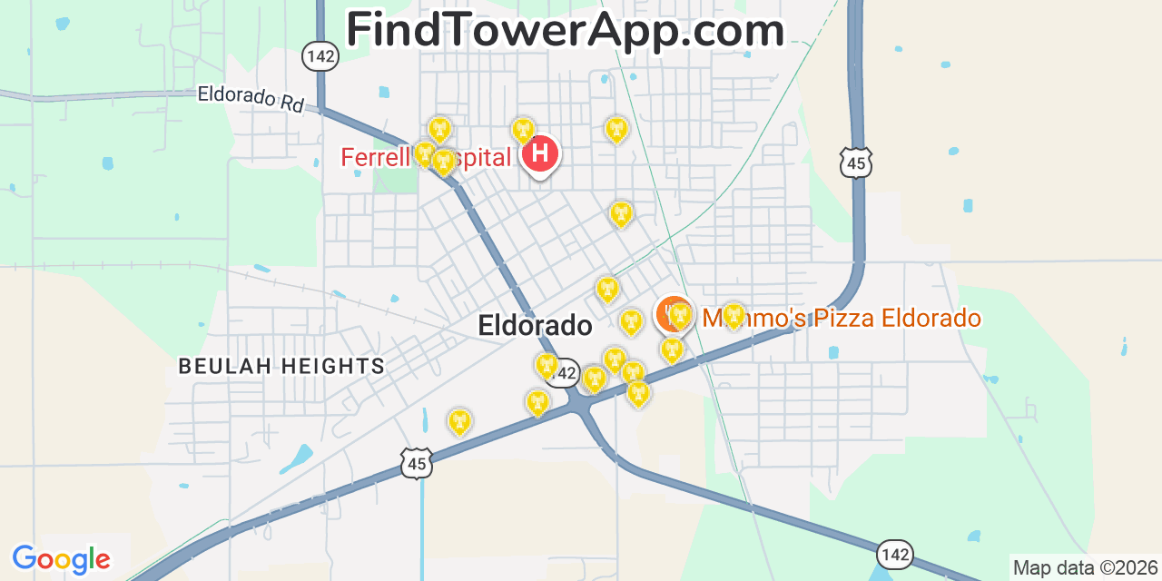Map showing the 20 primary cell tower locations detected in Eldorado, Illinois from AT&T, Verizon, and T-Mobile networks