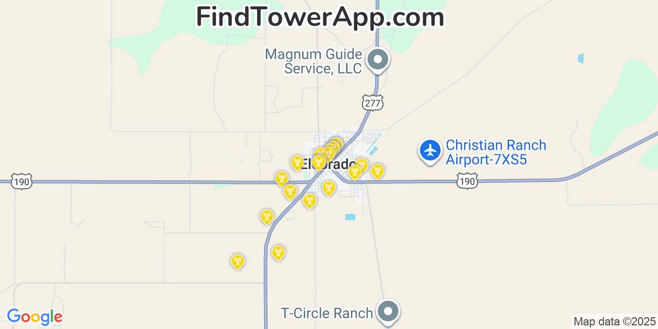 Map showing the 20 primary cell tower locations detected in Eldorado, Texas from AT&T, Verizon, and T-Mobile networks
