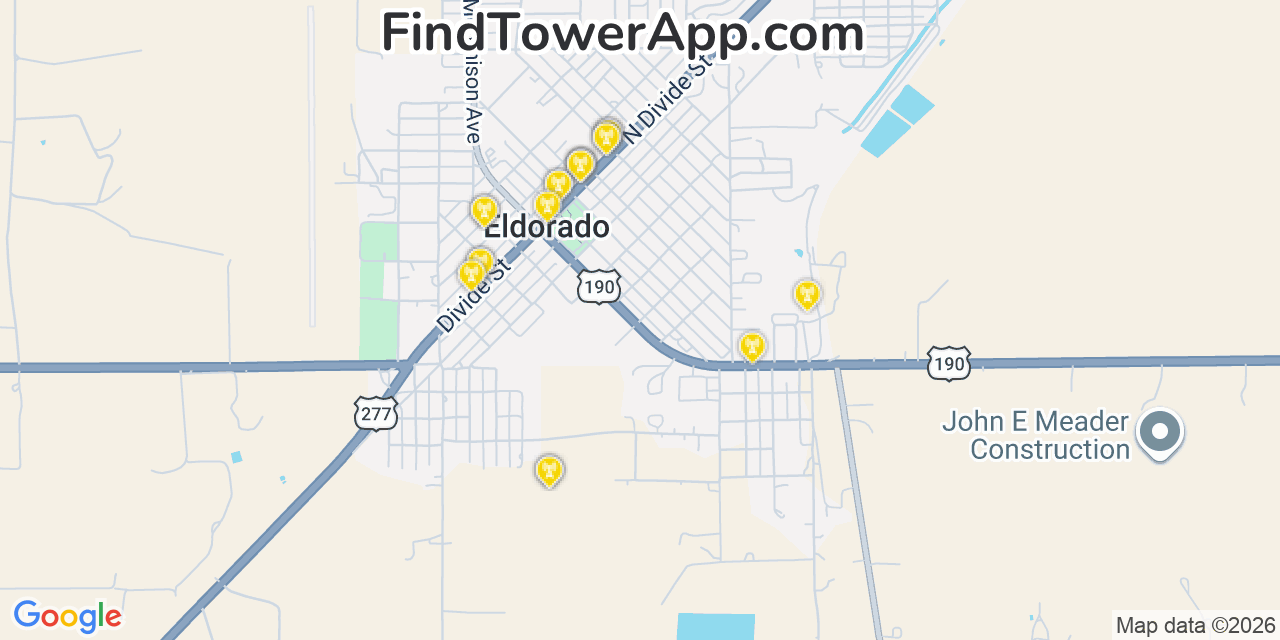 Map showing the 20 primary cell tower locations detected in Eldorado, Texas from AT&T, Verizon, and T-Mobile networks