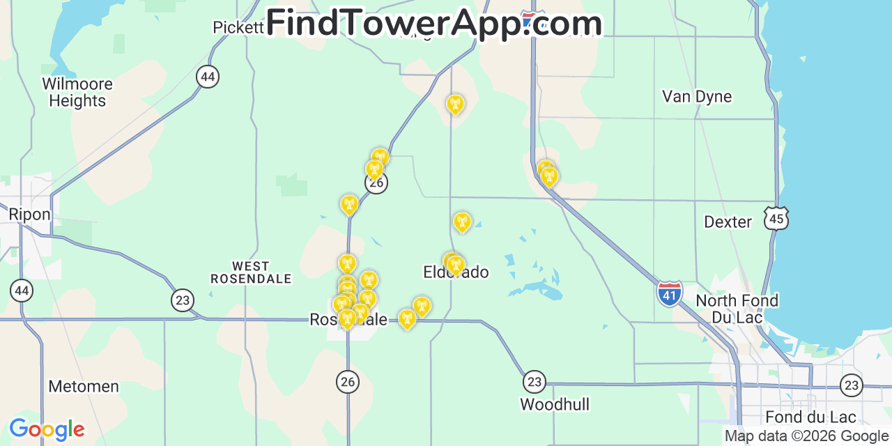 Map showing the 20 primary cell tower locations detected in Eldorado, Wisconsin from AT&T, Verizon, and T-Mobile networks