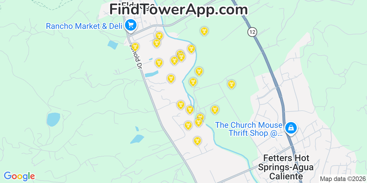 Map showing the 20 primary cell tower locations detected in Eldridge, California from AT&T, Verizon, and T-Mobile networks