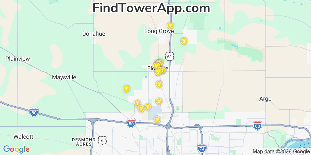 Map showing the 20 primary cell tower locations detected in Eldridge, Iowa from AT&T, Verizon, and T-Mobile networks