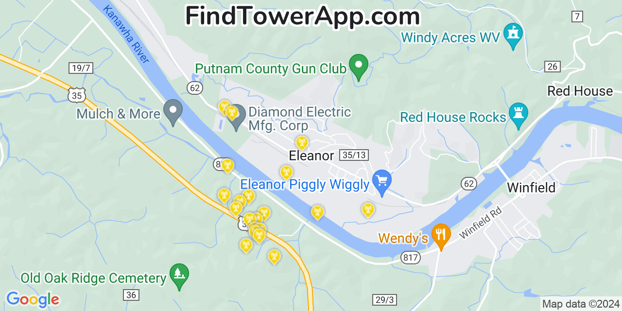 AT&T 4G/5G cell tower coverage map Eleanor, West Virginia