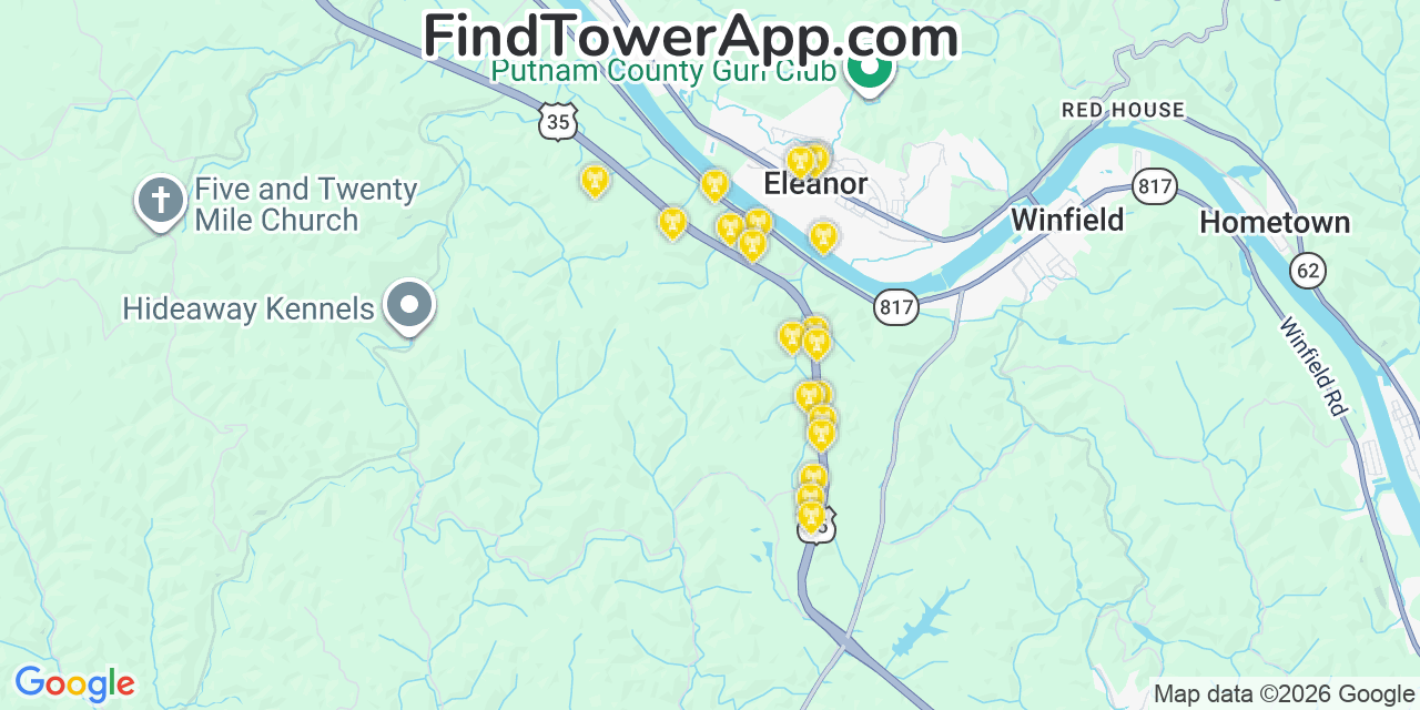 Map showing the 20 primary cell tower locations detected in Eleanor, West Virginia from AT&T, Verizon, and T-Mobile networks