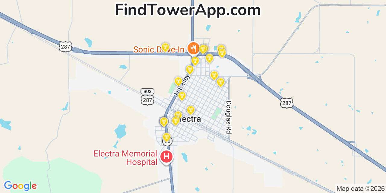 Map showing the 20 primary cell tower locations detected in Electra, Texas from AT&T, Verizon, and T-Mobile networks