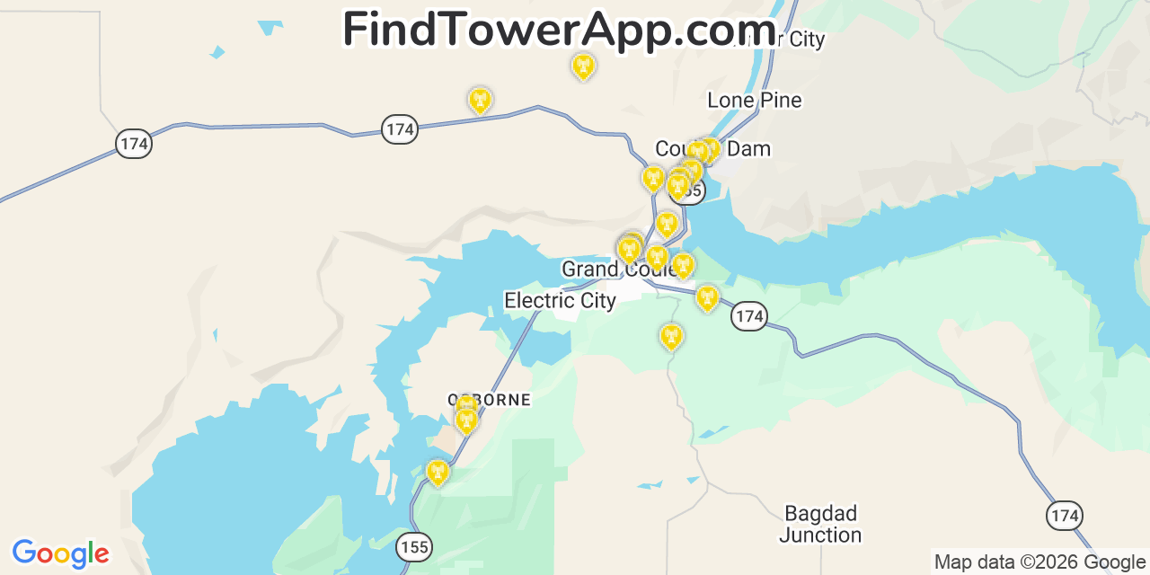 Map showing the 20 primary cell tower locations detected in Electric City, Washington from AT&T, Verizon, and T-Mobile networks