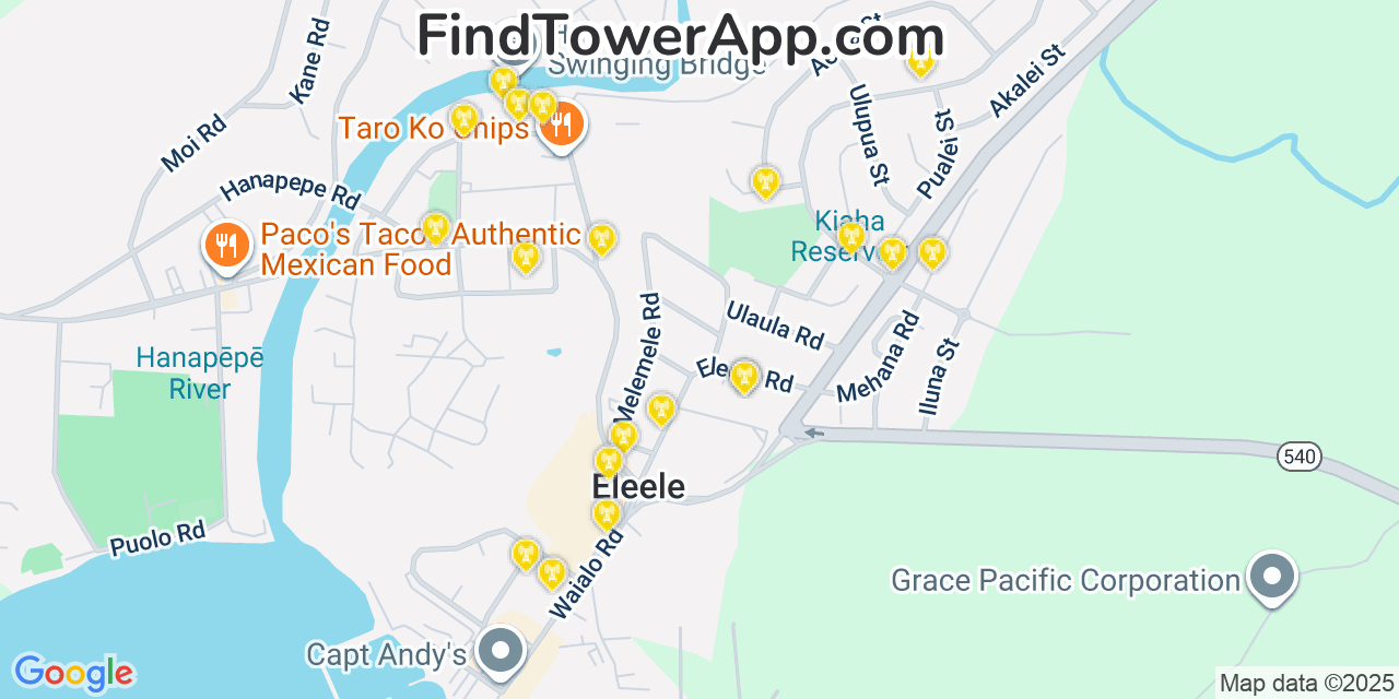 Map showing the 20 primary cell tower locations detected in Eleele, Hawaii from AT&T, Verizon, and T-Mobile networks