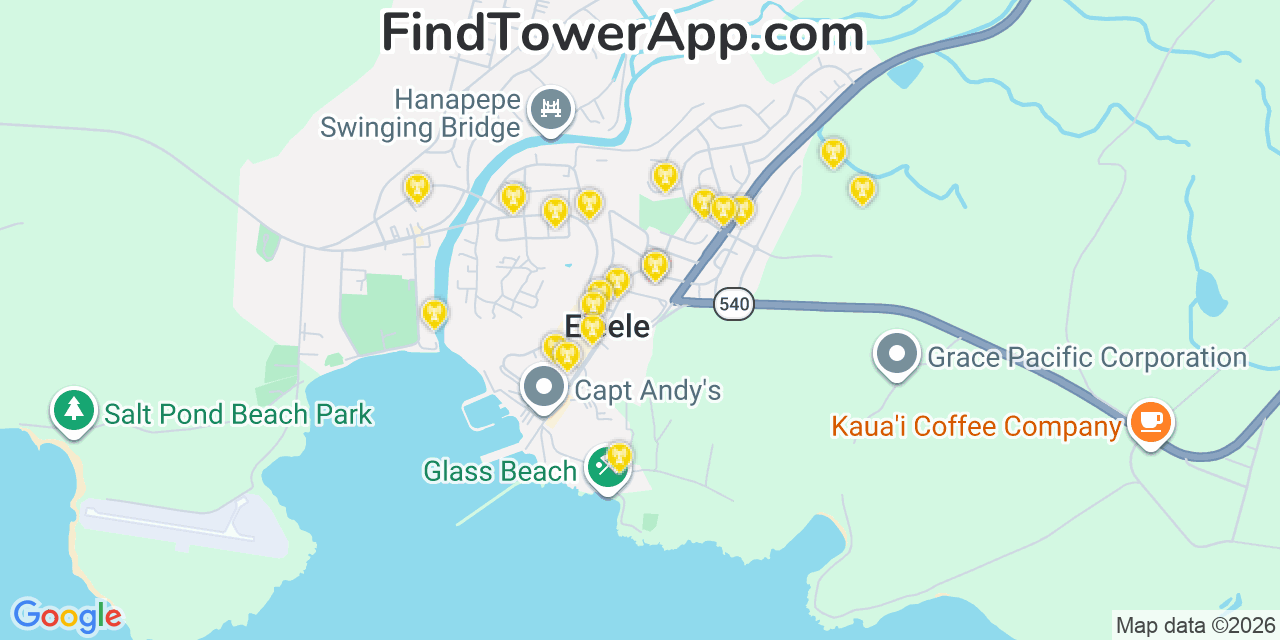 Map showing the 20 primary cell tower locations detected in Eleele, Hawaii from AT&T, Verizon, and T-Mobile networks