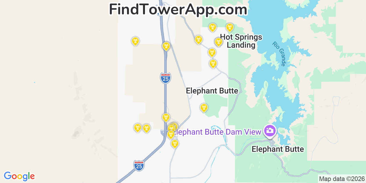 Map showing the 20 primary cell tower locations detected in Elephant Butte, New Mexico from AT&T, Verizon, and T-Mobile networks