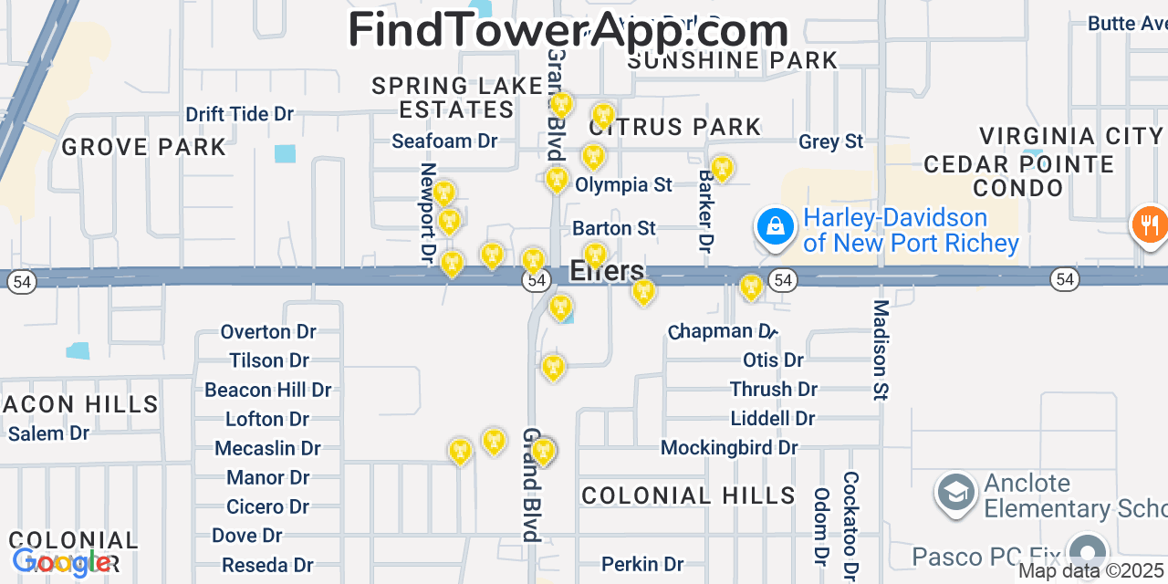 Map showing the 20 primary cell tower locations detected in Elfers, Florida from AT&T, Verizon, and T-Mobile networks