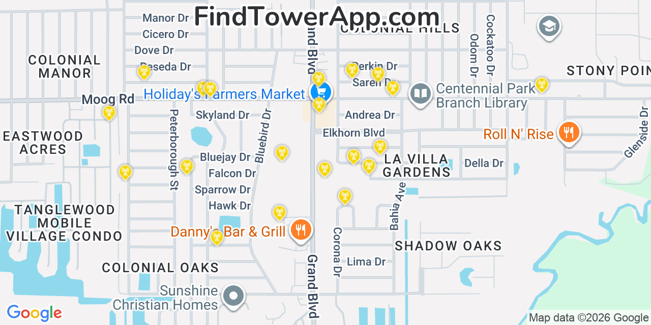 Map showing the 20 primary cell tower locations detected in Elfers, Florida from AT&T, Verizon, and T-Mobile networks
