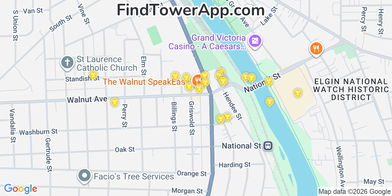 Map showing the 20 primary cell tower locations detected in Elgin, Illinois from AT&T, Verizon, and T-Mobile networks