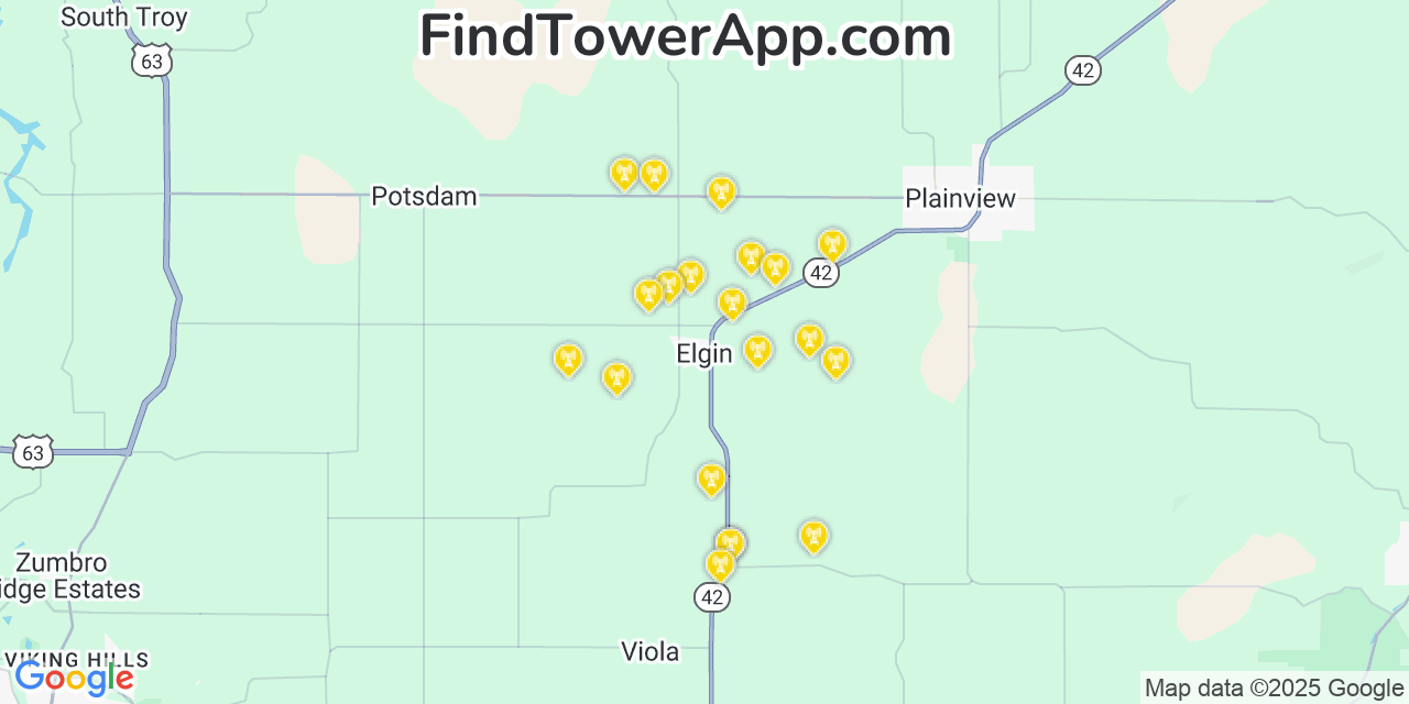 Map showing the 20 primary cell tower locations detected in Elgin, Minnesota from AT&T, Verizon, and T-Mobile networks