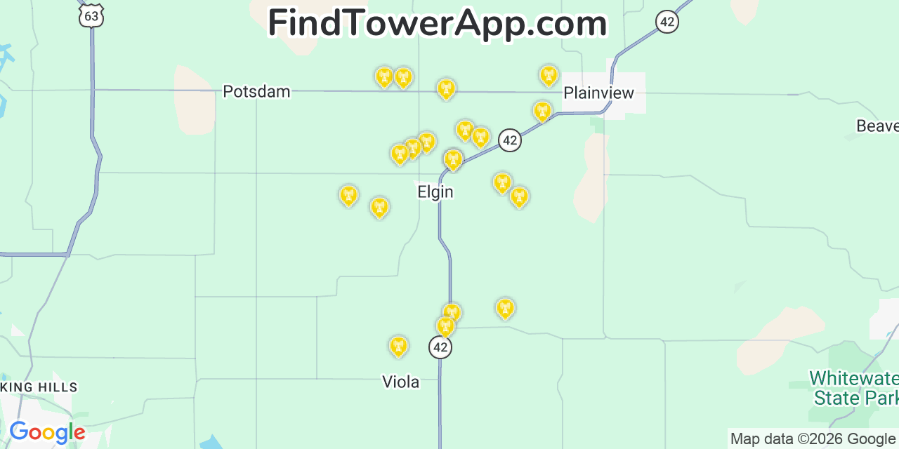 Map showing the 20 primary cell tower locations detected in Elgin, Minnesota from AT&T, Verizon, and T-Mobile networks
