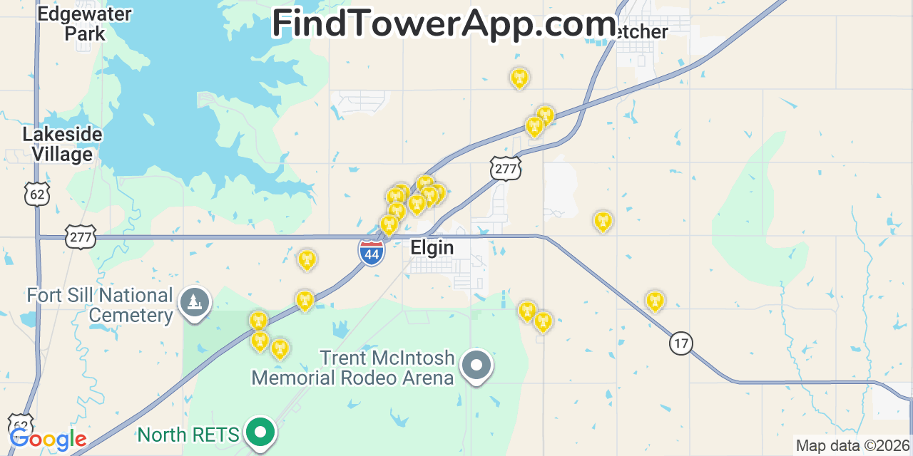 Map showing the 20 primary cell tower locations detected in Elgin, Oklahoma from AT&T, Verizon, and T-Mobile networks