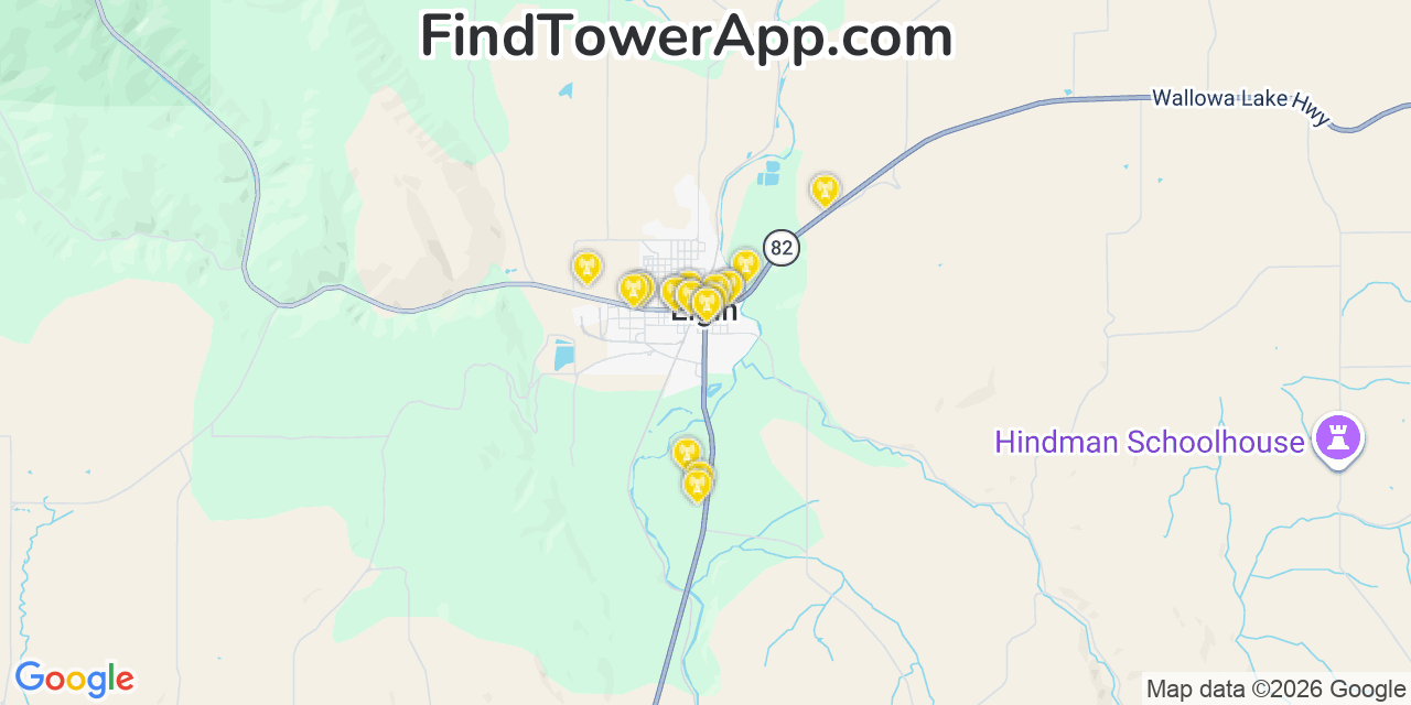 Map showing the 20 primary cell tower locations detected in Elgin, Oregon from AT&T, Verizon, and T-Mobile networks