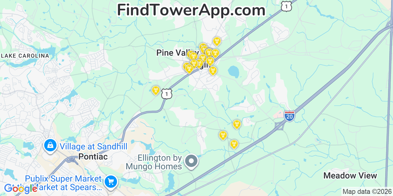 Map showing the 20 primary cell tower locations detected in Elgin, South Carolina from AT&T, Verizon, and T-Mobile networks
