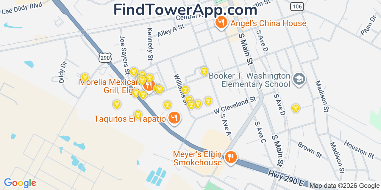 Map showing the 20 primary cell tower locations detected in Elgin, Texas from AT&T, Verizon, and T-Mobile networks