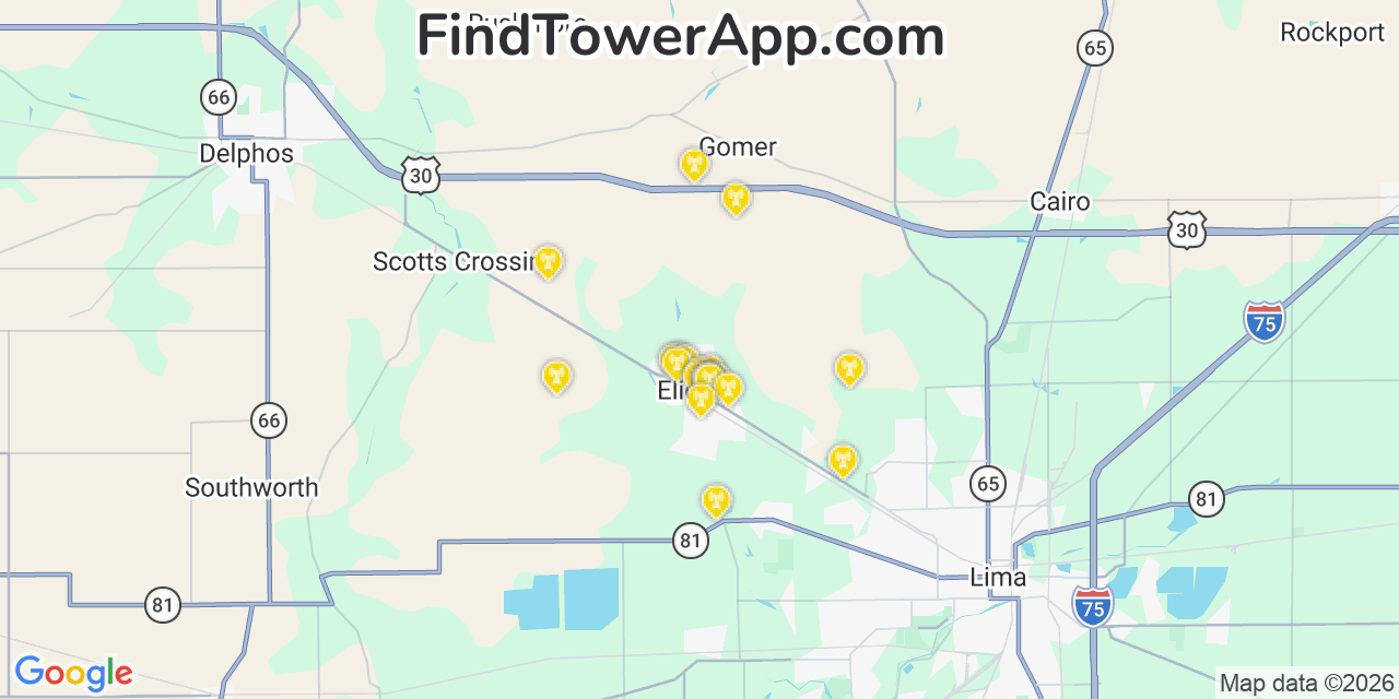 Map showing the 20 primary cell tower locations detected in Elida, Ohio from AT&T, Verizon, and T-Mobile networks