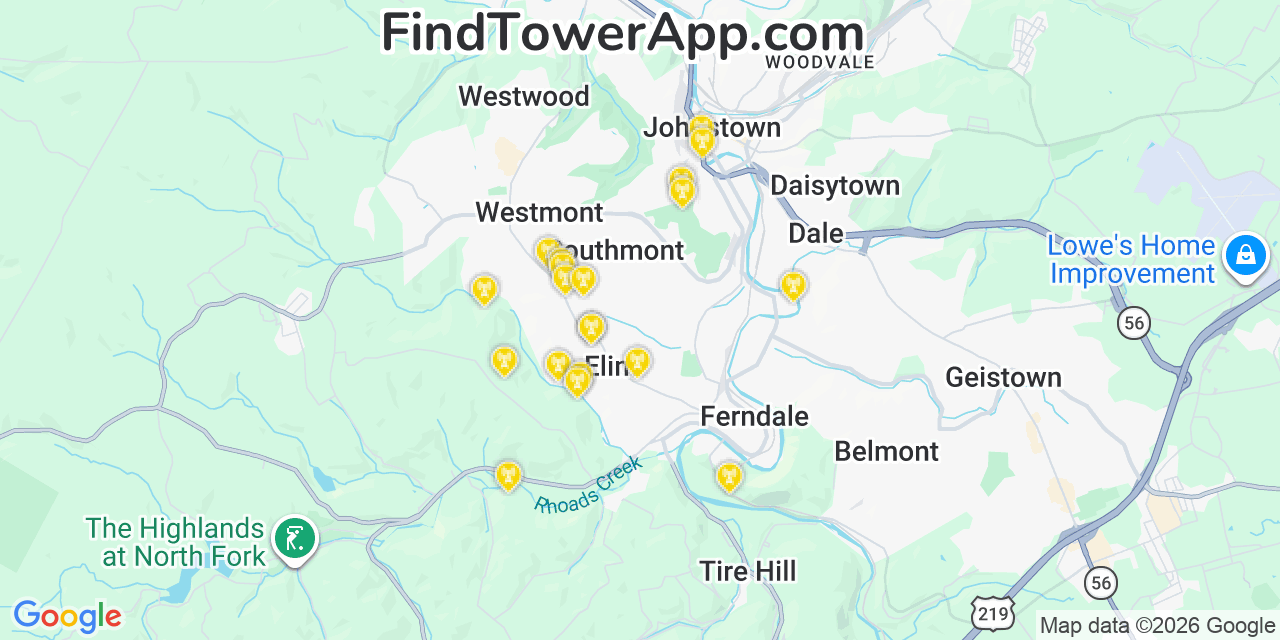 Map showing the 20 primary cell tower locations detected in Elim, Pennsylvania from AT&T, Verizon, and T-Mobile networks