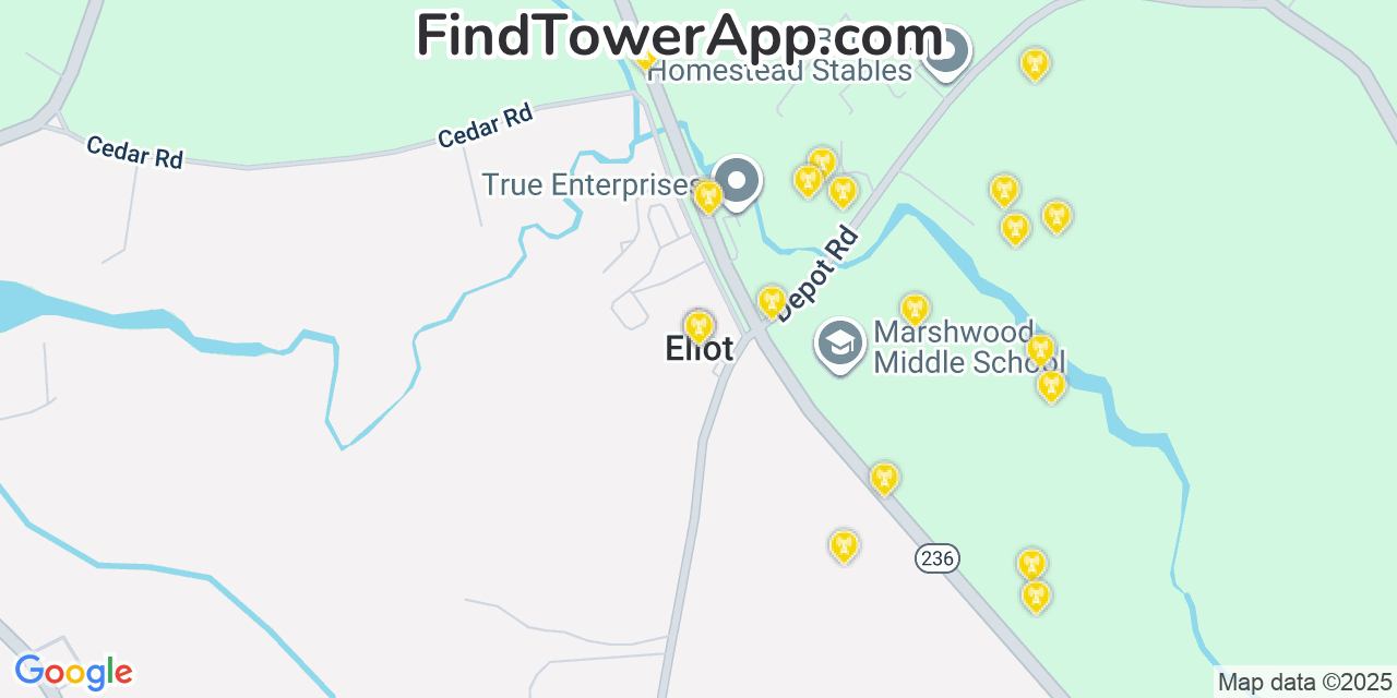Map showing the 20 primary cell tower locations detected in Eliot, Maine from AT&T, Verizon, and T-Mobile networks