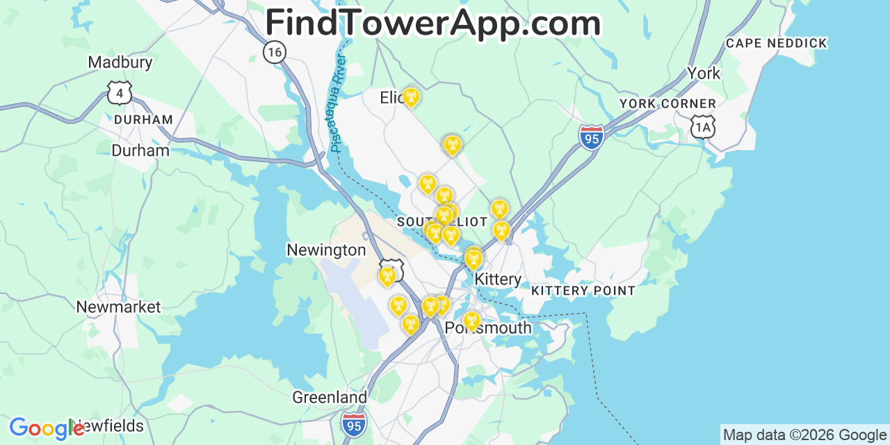 Map showing the 20 primary cell tower locations detected in Eliot, Maine from AT&T, Verizon, and T-Mobile networks