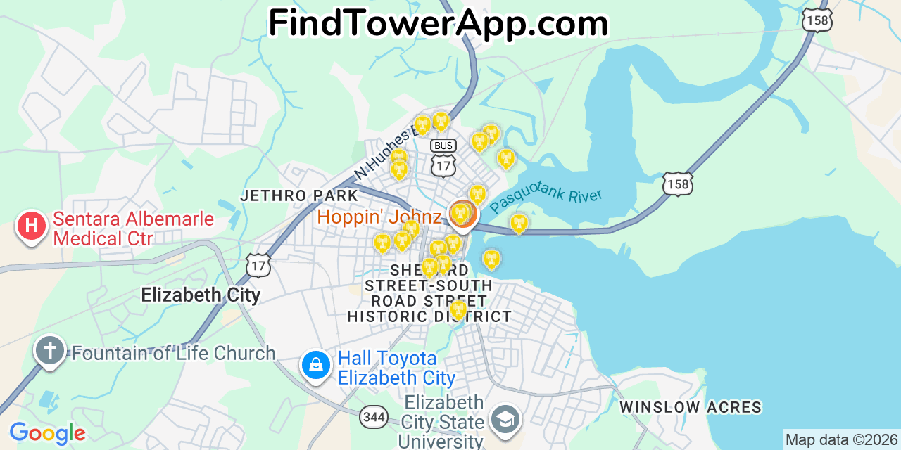 Map showing the 20 primary cell tower locations detected in Elizabeth City, North Carolina from AT&T, Verizon, and T-Mobile networks