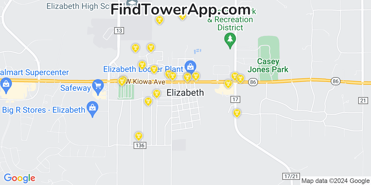 AT&T 4G/5G cell tower coverage map Elizabeth, Colorado