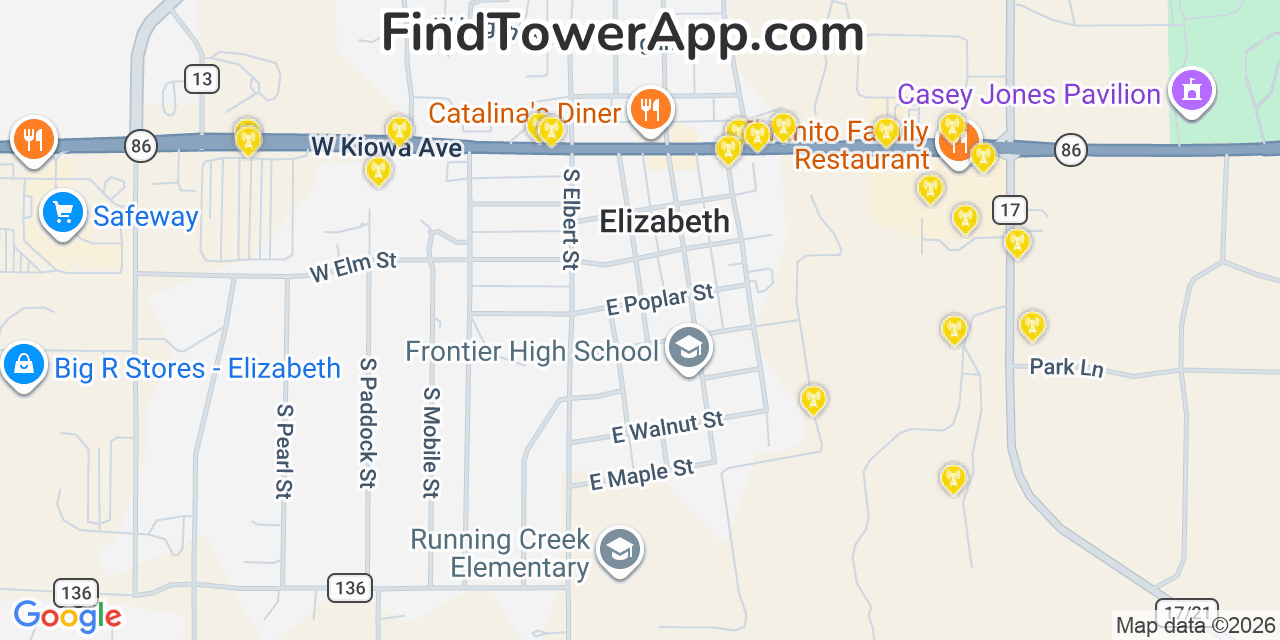 Map showing the 20 primary cell tower locations detected in Elizabeth, Colorado from AT&T, Verizon, and T-Mobile networks