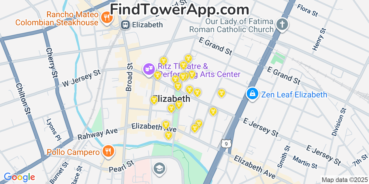 Map showing the 20 primary cell tower locations detected in Elizabeth, New Jersey from AT&T, Verizon, and T-Mobile networks