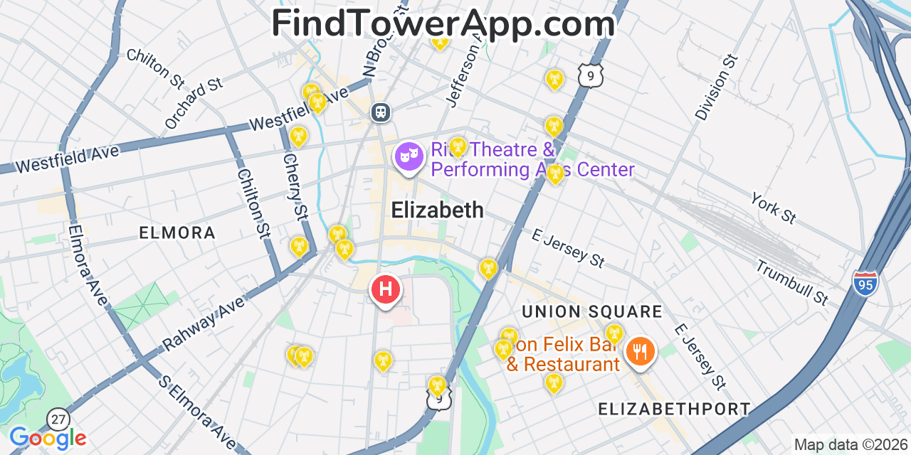 Map showing the 20 primary cell tower locations detected in Elizabeth, New Jersey from AT&T, Verizon, and T-Mobile networks