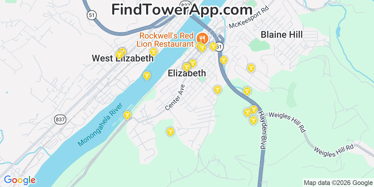 Map showing the 20 primary cell tower locations detected in Elizabeth, Pennsylvania from AT&T, Verizon, and T-Mobile networks
