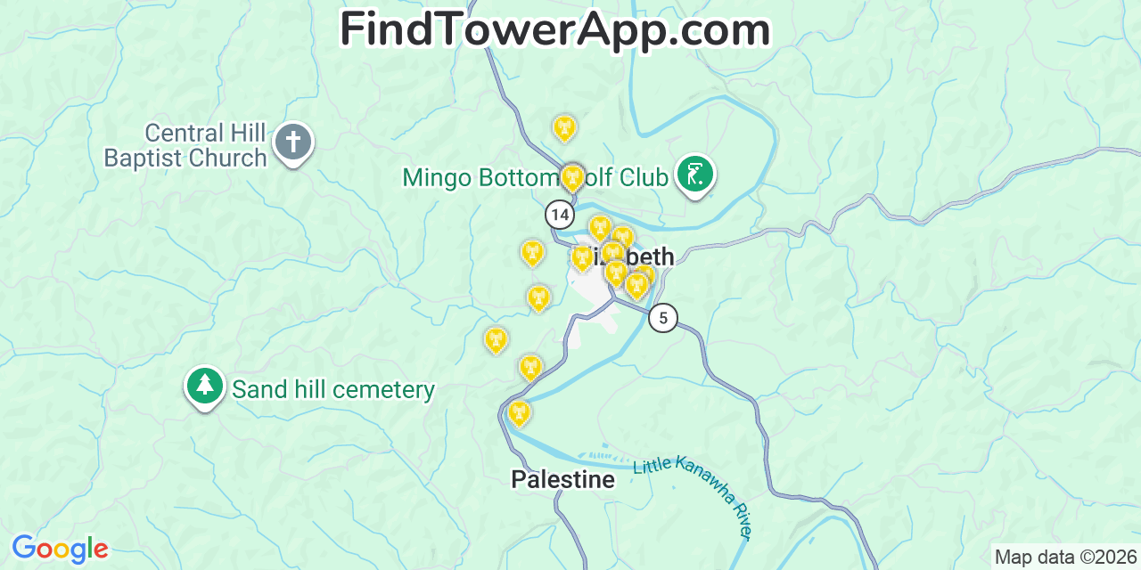 Map showing the 20 primary cell tower locations detected in Elizabeth, West Virginia from AT&T, Verizon, and T-Mobile networks