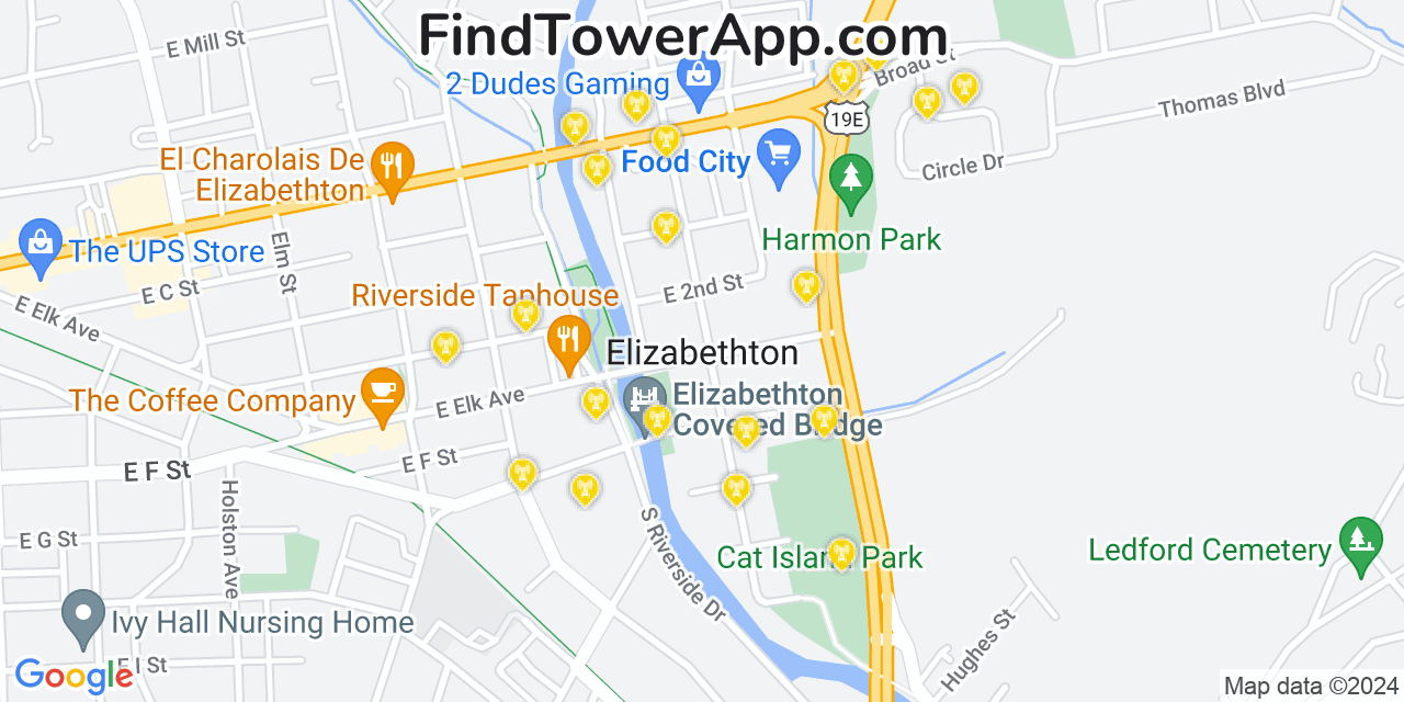 AT&T 4G/5G cell tower coverage map Elizabethton, Tennessee