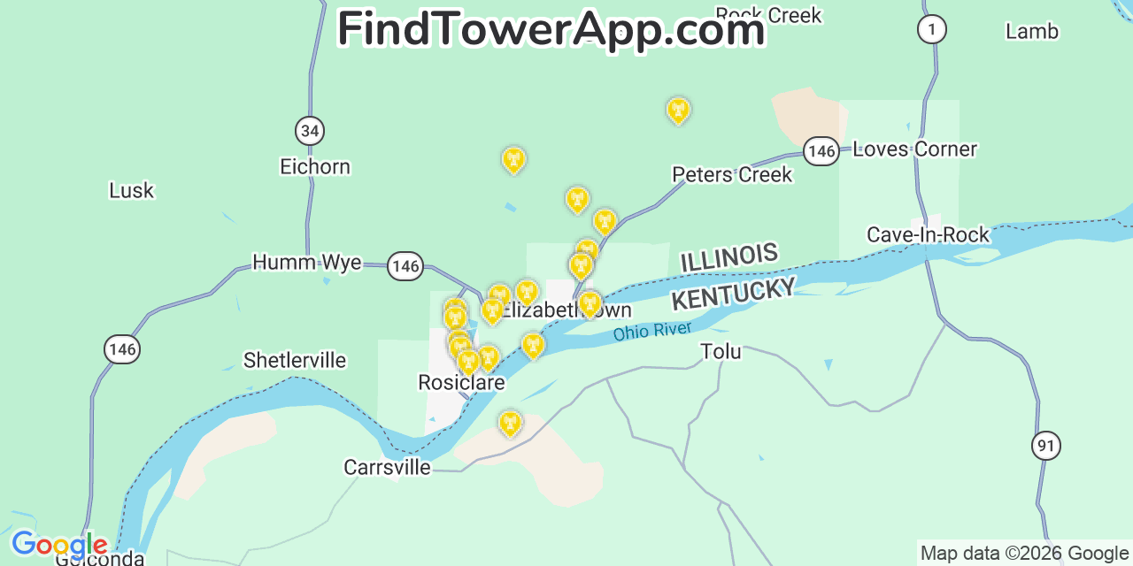 Map showing the 20 primary cell tower locations detected in Elizabethtown, Illinois from AT&T, Verizon, and T-Mobile networks