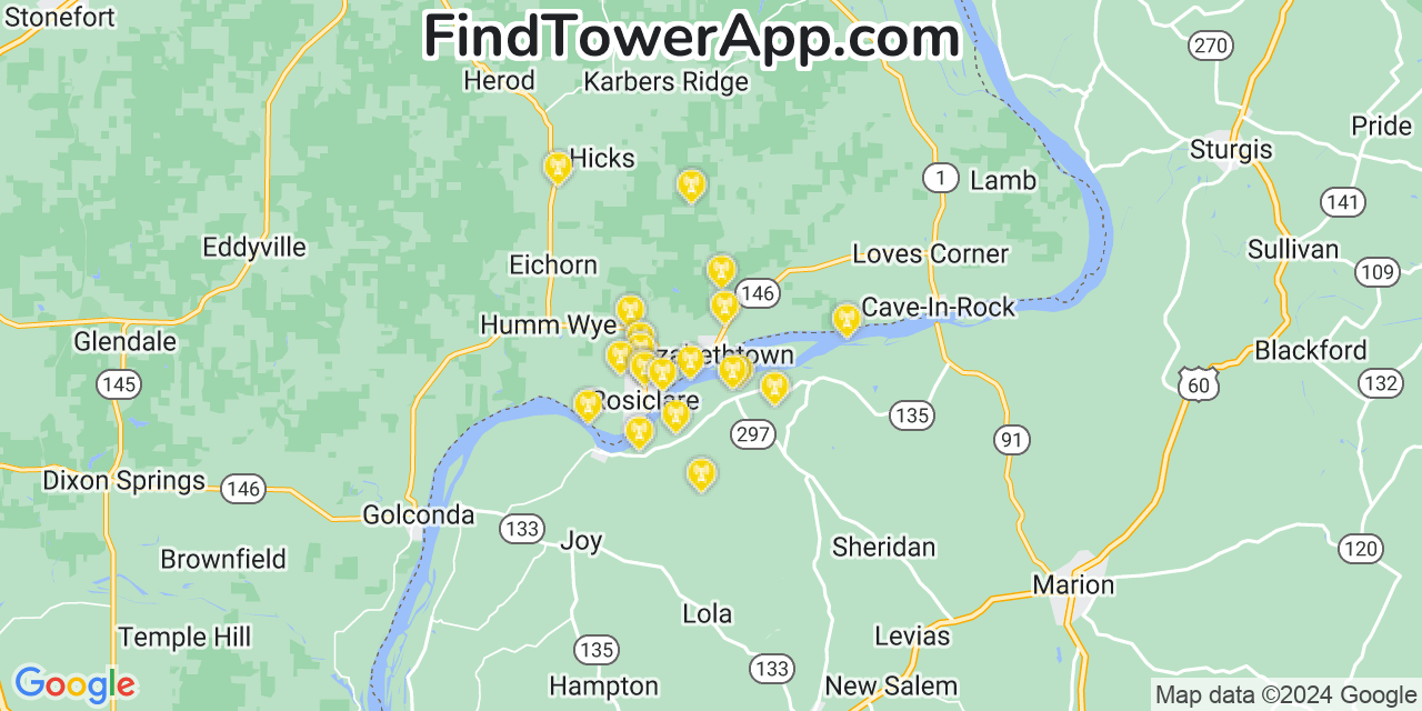 Verizon 4G/5G cell tower coverage map Elizabethtown, Illinois