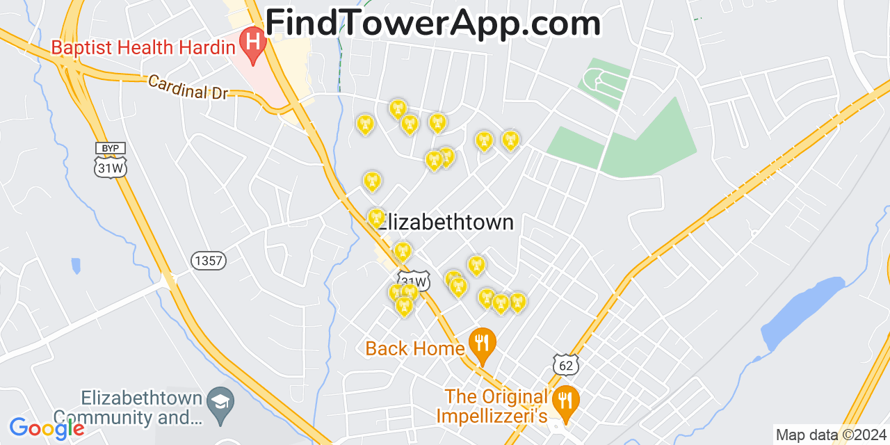 AT&T 4G/5G cell tower coverage map Elizabethtown, Kentucky