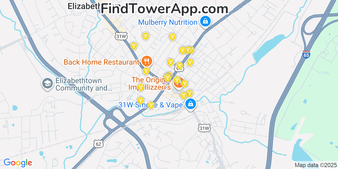 Map showing the 20 primary cell tower locations detected in Elizabethtown, Kentucky from AT&T, Verizon, and T-Mobile networks