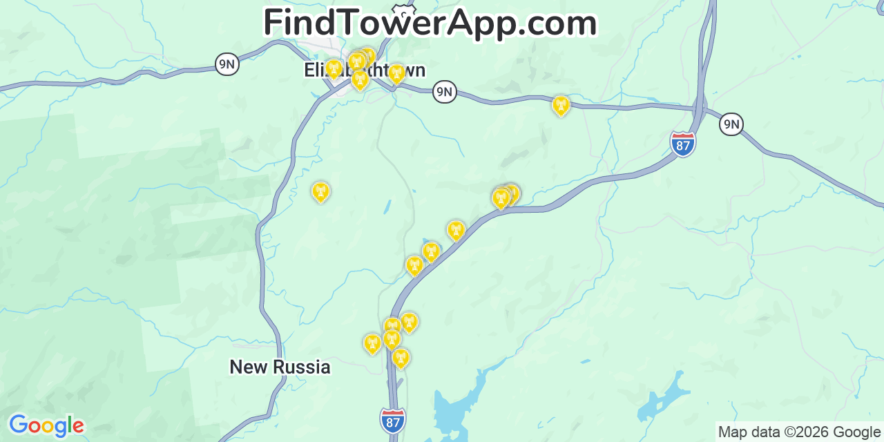 Map showing the 20 primary cell tower locations detected in Elizabethtown, New York from AT&T, Verizon, and T-Mobile networks