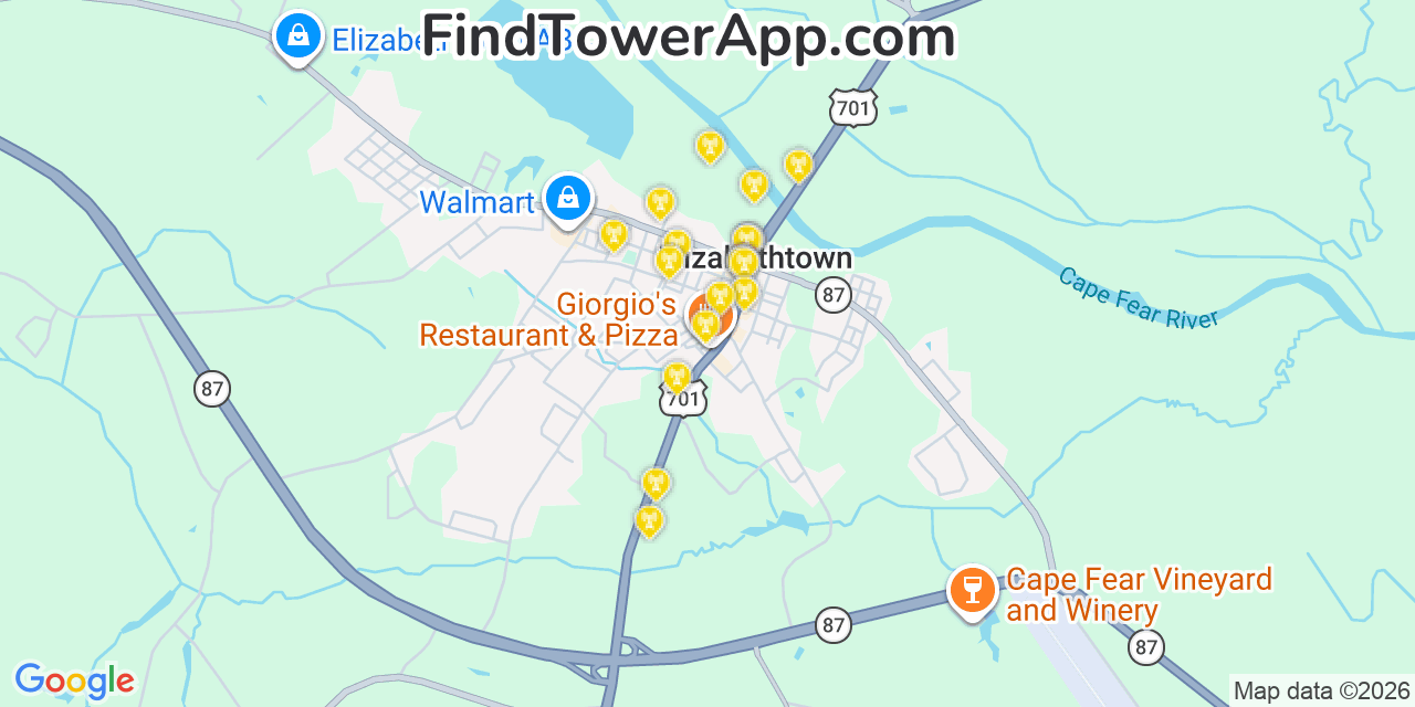 Map showing the 20 primary cell tower locations detected in Elizabethtown, North Carolina from AT&T, Verizon, and T-Mobile networks