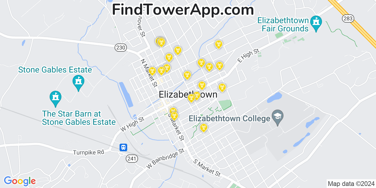 AT&T 4G/5G cell tower coverage map Elizabethtown, Pennsylvania