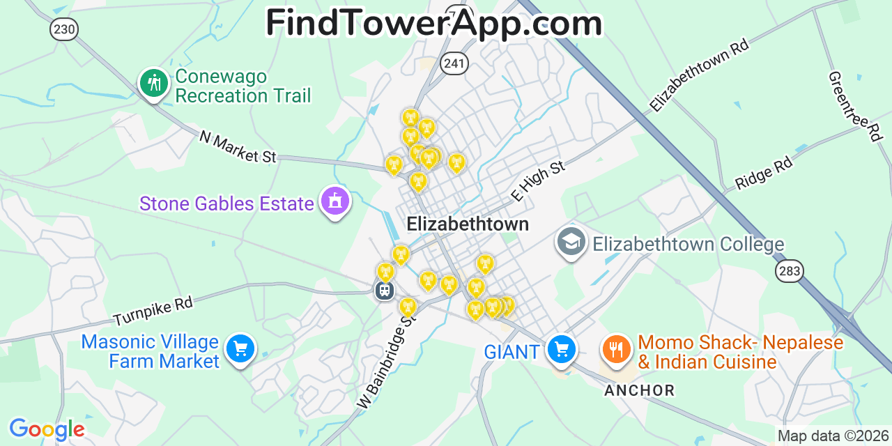 Map showing the 20 primary cell tower locations detected in Elizabethtown, Pennsylvania from AT&T, Verizon, and T-Mobile networks