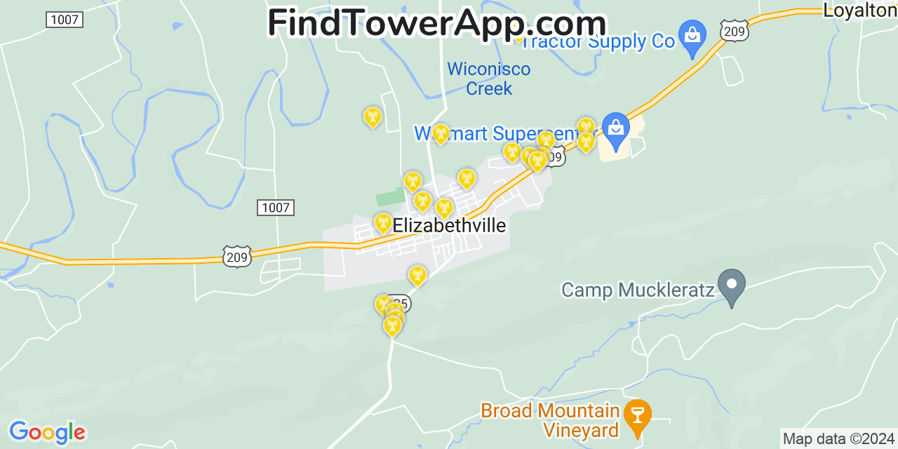 AT&T 4G/5G cell tower coverage map Elizabethville, Pennsylvania