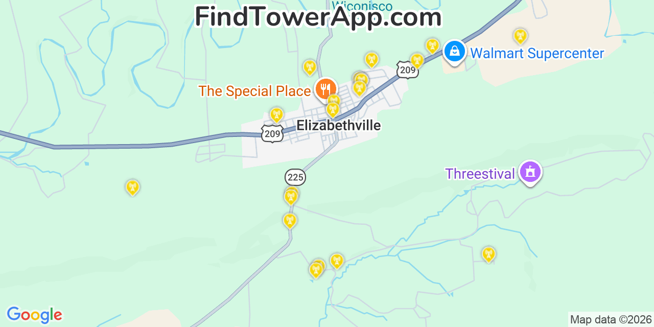 Map showing the 20 primary cell tower locations detected in Elizabethville, Pennsylvania from AT&T, Verizon, and T-Mobile networks