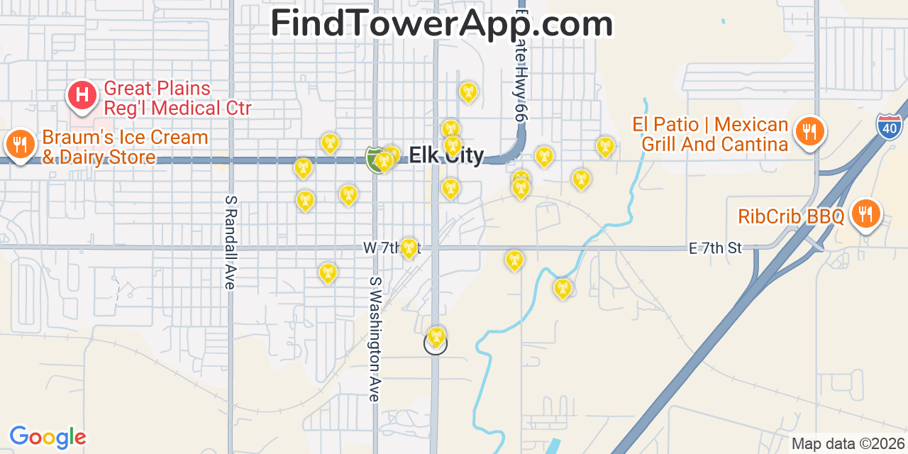 Map showing the 20 primary cell tower locations detected in Elk City, Oklahoma from AT&T, Verizon, and T-Mobile networks