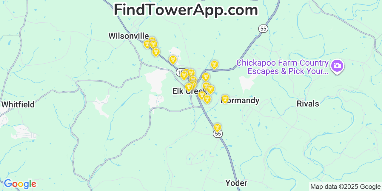 Map showing the 20 primary cell tower locations detected in Elk Creek, Kentucky from AT&T, Verizon, and T-Mobile networks